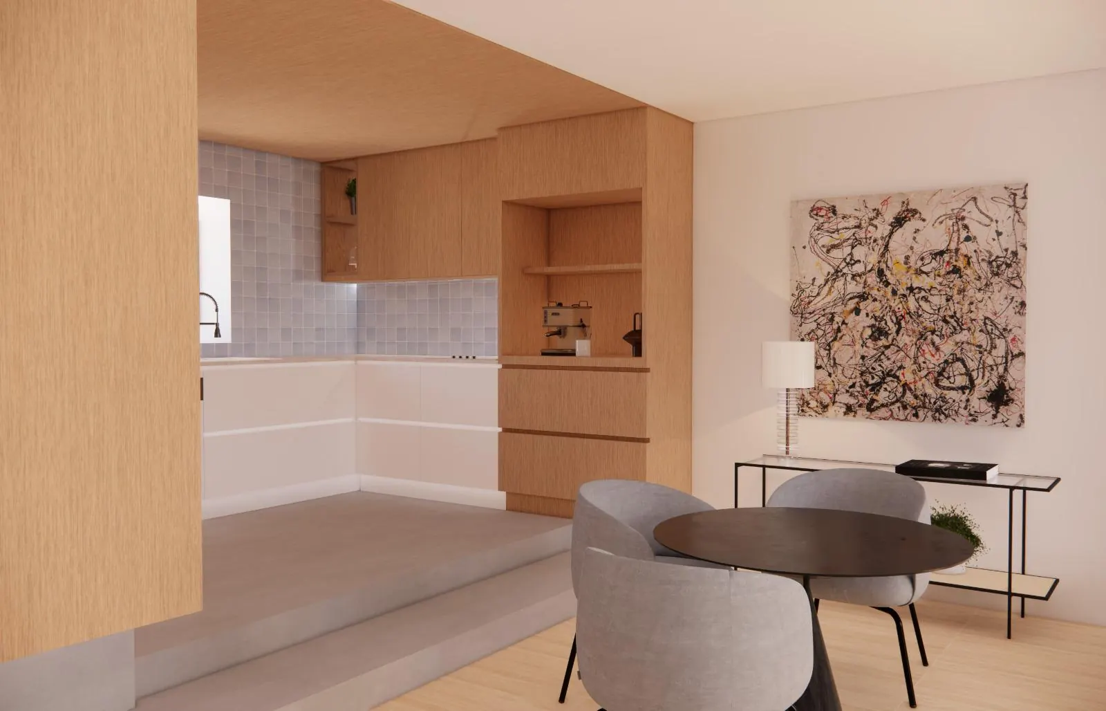 Imagem 3D do interior do Largo D. Dinis: cozinha em madeira clara com azulejo e zona de refeições